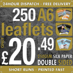 250 A6 Flyers / Leaflets - 250gsm Silk - Full Colour - DOUBLE SIDED - 24hr Dispa