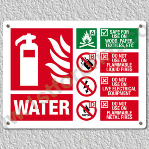 WATER Fire Extinguisher Metal Wall Sign A5 Printed High Quality